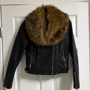 Forever 21 Black Leather Jacket with Brown Fur Collar